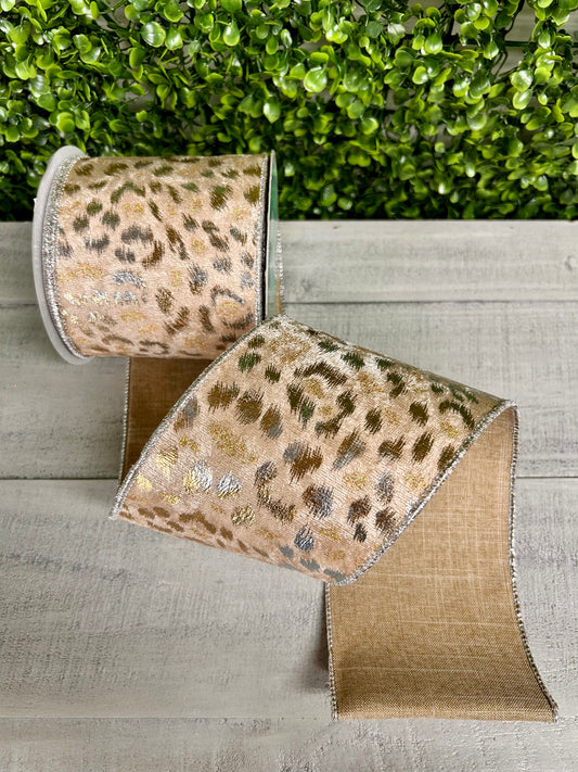 4 Inch By 10 Yard Light Brown Silver And Gold Velvet Metallic Animal Spots Ribbon