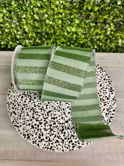 2.5 Inch By 10 Yard Sage Green Horizontal Glitter Stripes Ribbon