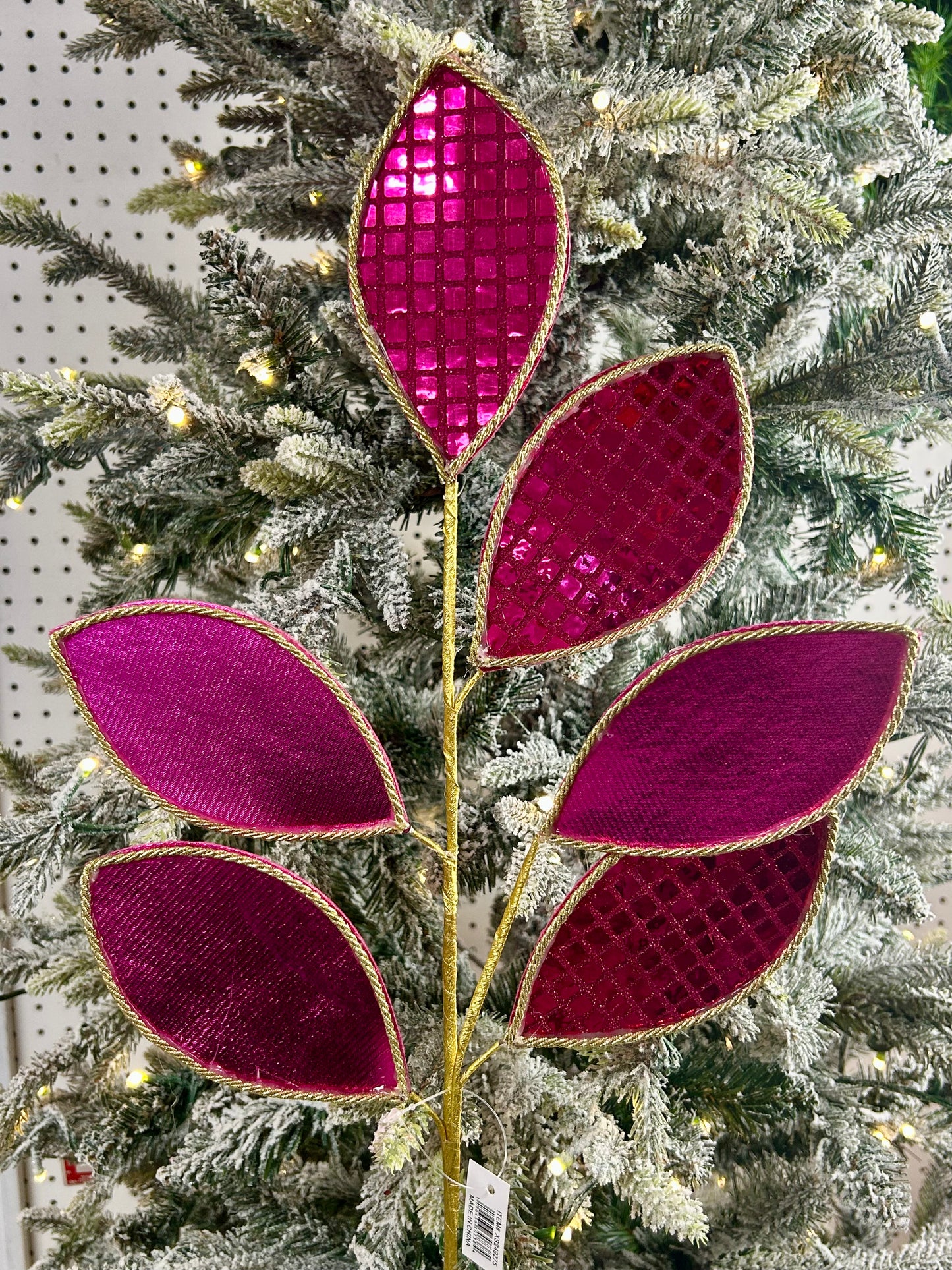 28 Inch Fuchsia And Gold Square Sequin Glitter Leaf Spray