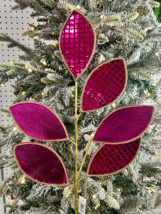 28 Inch Fuchsia And Gold Square Sequin Glitter Leaf Spray