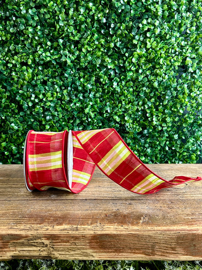 2.5 Inch By 10 Yard Red And Lime Plaid Dupioni Ribbon