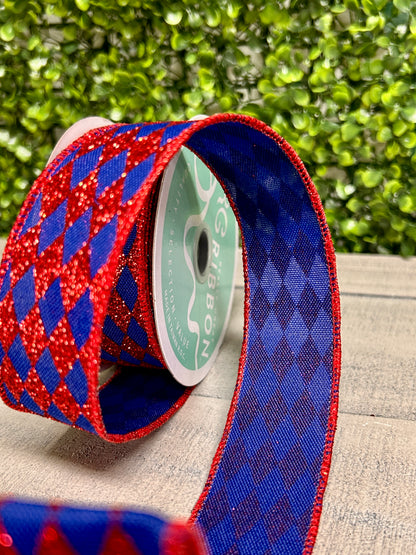 1.5 Inch By 10 Yards Royal Blue And Red Glitter Harlequin Ribbon