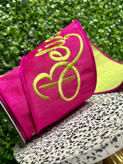 4 Inch By 5 Yard Fuchsia And Lime Green Believe Embroidery Dupioni Ribbon
