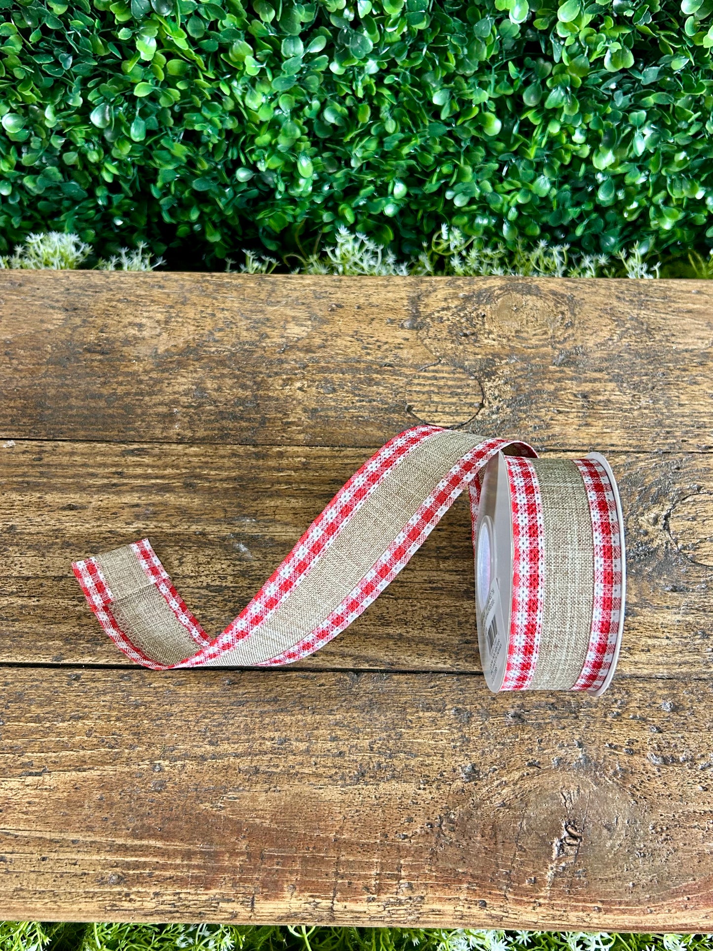 1.5 Inch Natural And Red Linen Gingham Check Ribbon