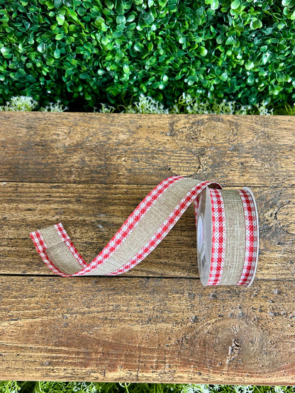 1.5 Inch Natural And Red Linen Gingham Check Ribbon