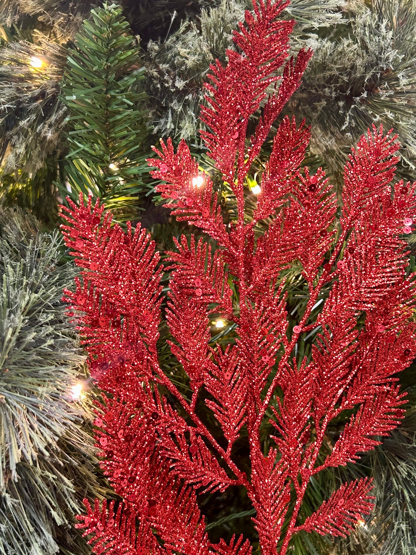 24 Inch Red Glitter Sequin Fern Spray