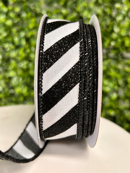 7/8 Inch By 10 Yard White And Black Diagonal Glitter Stripe Ribbon