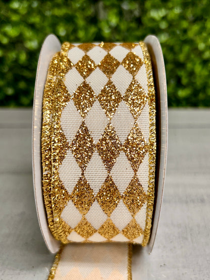 1.5 Inch By 10 Yard Cream And Gold Glitter Harlequin Ribbon