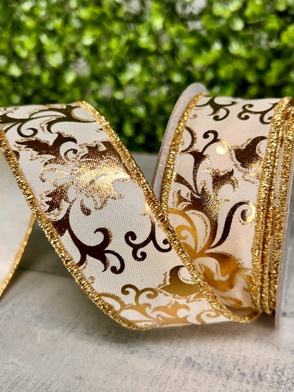 1.5 Inch By 10 Yard Gold And White Metallic Foil Swirl Leaf Ribbon