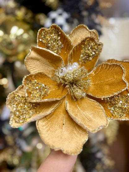 22 Inch Gold Glitter Sequin And Bead Magnolia Spray