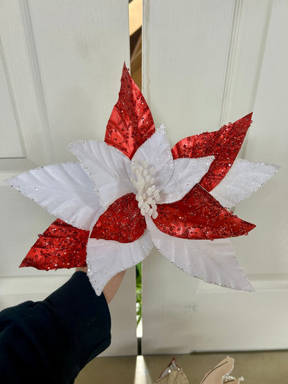 22 Inch Christmas Red And White Velvet Metallic Poinsettia