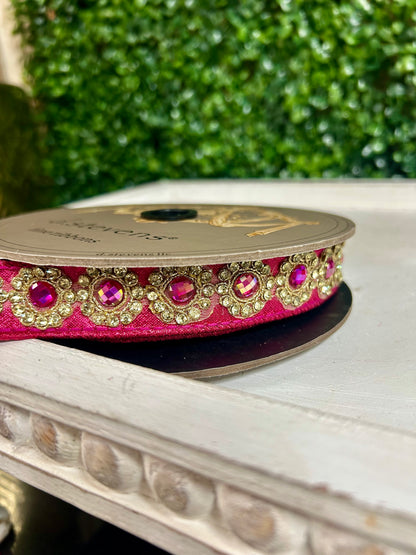 1 Inch By 5 Yards Hot Pink And Gold Jewel Floral Metallic Dupioni Ribbon