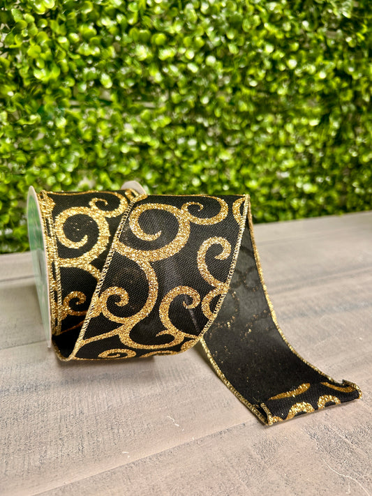 2.5 Inch By 10 Yard Black And Gold Glitter Swirl Ribbon