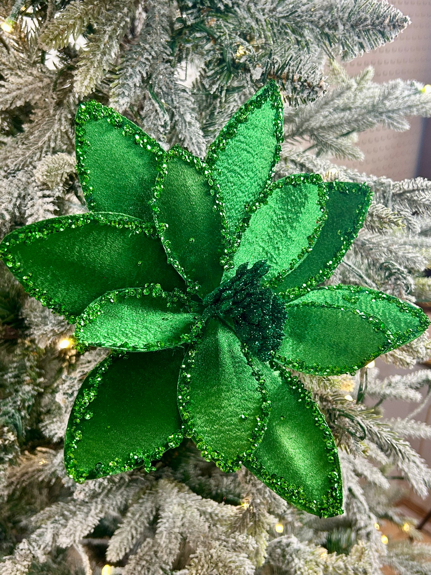 20 Inch Emerald Green Satin And Glitter Poinsettia