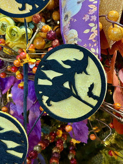 30 Inch Black And Yellow Glitter Felt Flying Witch Spray
