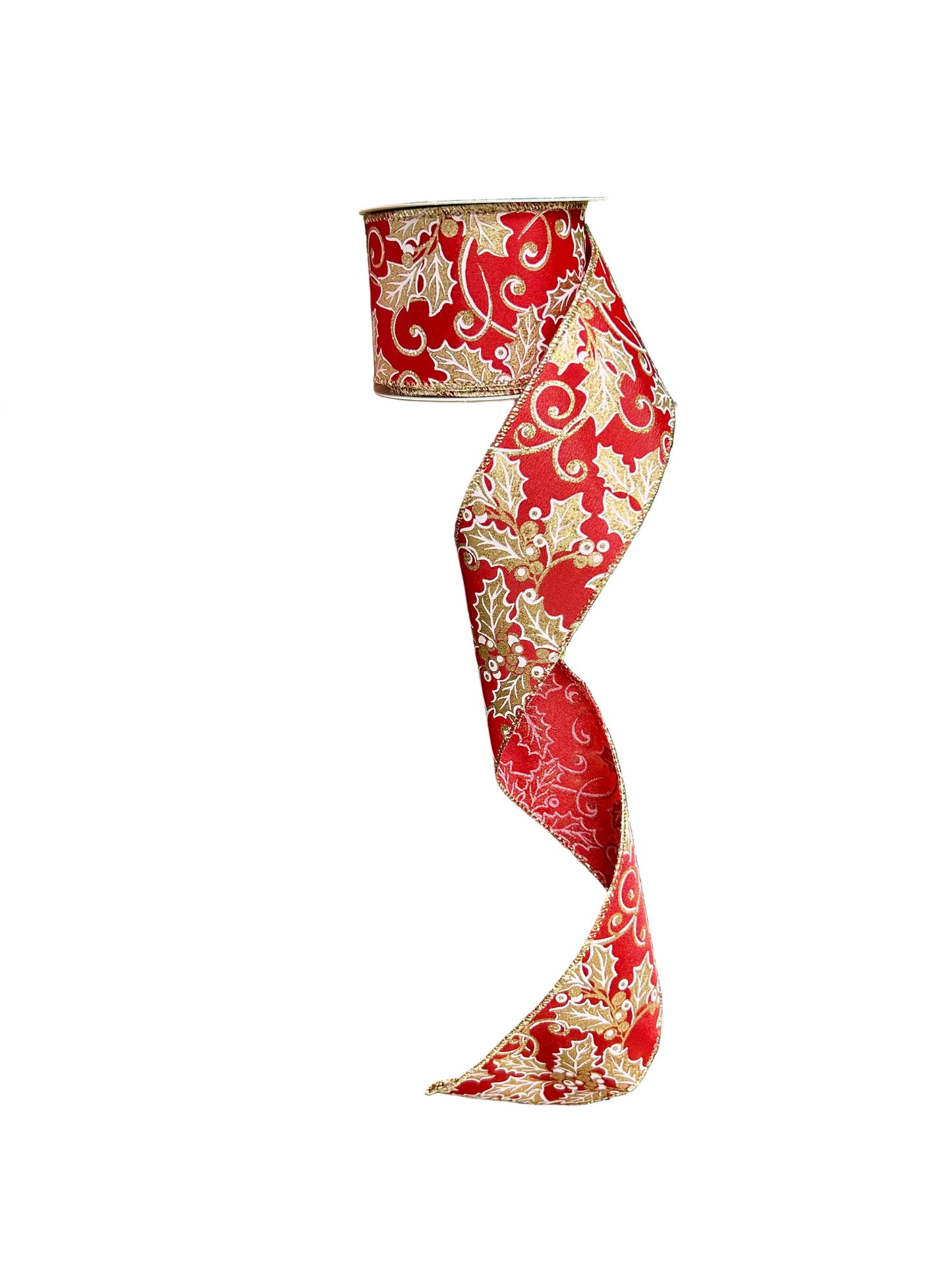 2.5 Inch By 10 Yard Red And Gold Holly Leaf And Berry Ribbon