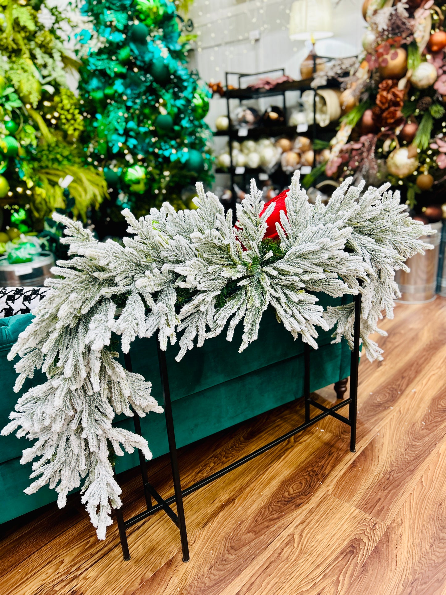 8 Foot Flocked Snow Norfolk Pine Mantel Garland