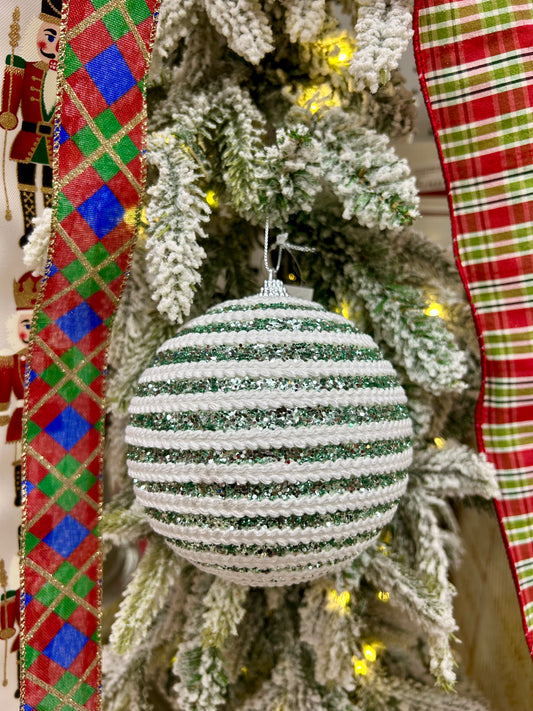 5 Inch Mint And White Sequin Ball Ornament