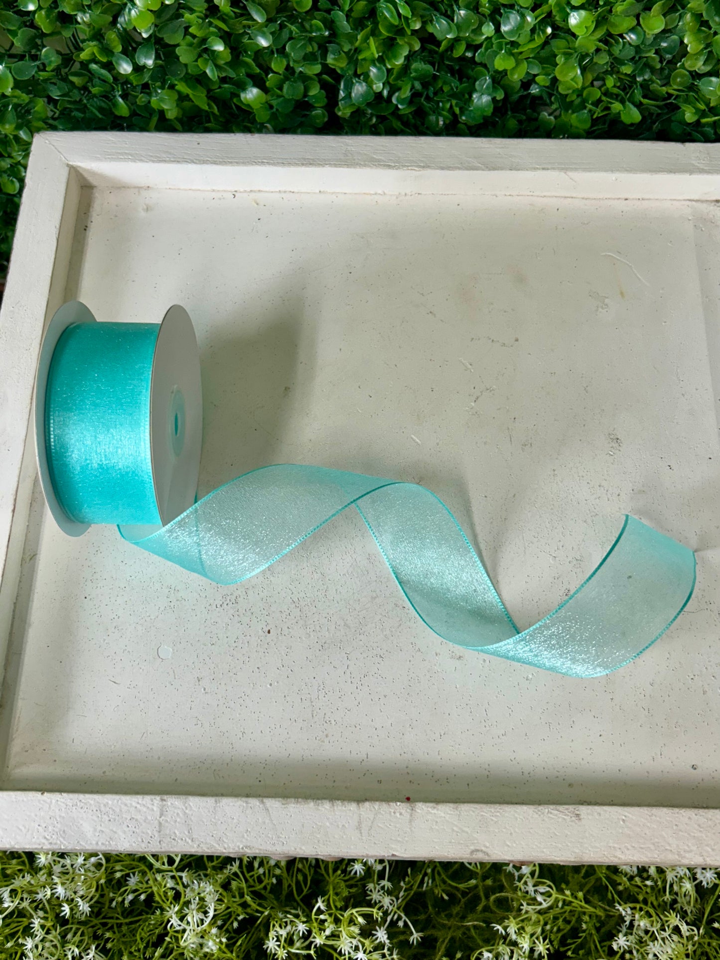 1.5 Inch By 25 Yard Aqua Snow Organza Unwired Ribbon