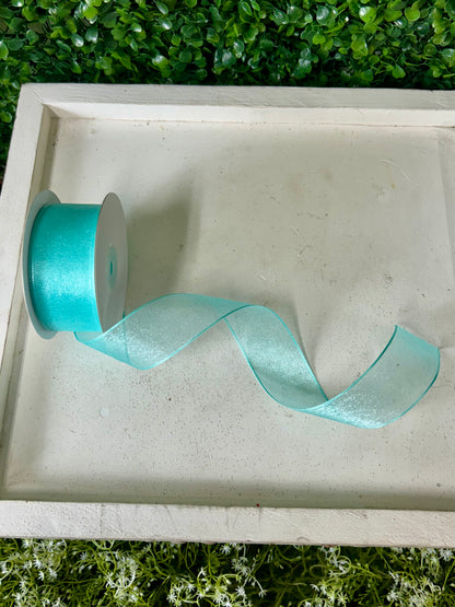1.5 Inch By 25 Yard Aqua Snow Organza Unwired Ribbon