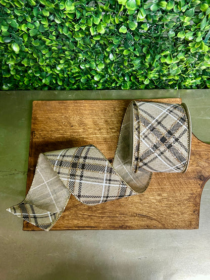 2.5 Inch By 10 Yard Natural Black And Gold Plaid Ribbon