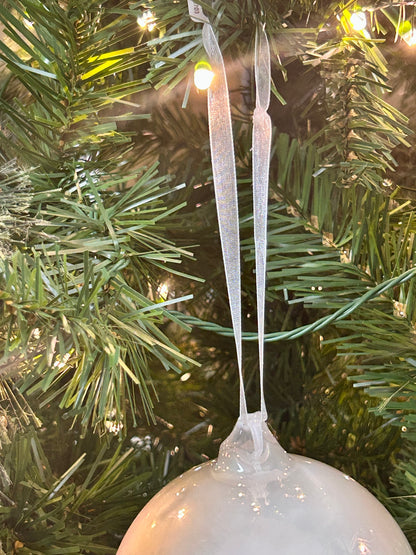 4 Inch Pearl White Glass Ball Ornament With Red Diamond Bow