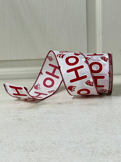 2.5 Inch By 10 Yard Red Glitter Ho Ho Ho With Santa Hats And Snowflakes With White Background And Red Edging Ribbon