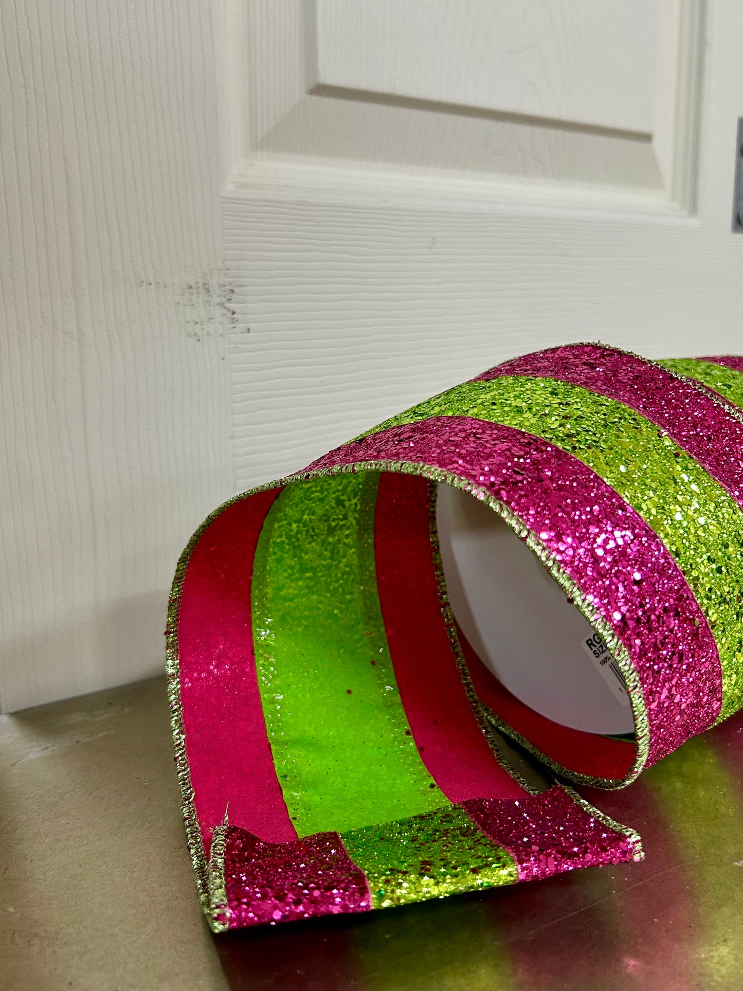 4 Inch By 10 Yard Fuchsia And Lime Large Glitter Stripe Ribbon