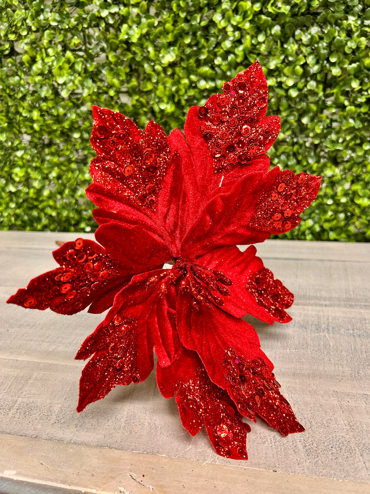 9 Inch Wavy Cut Velvet Poinsettia Leaf Stem