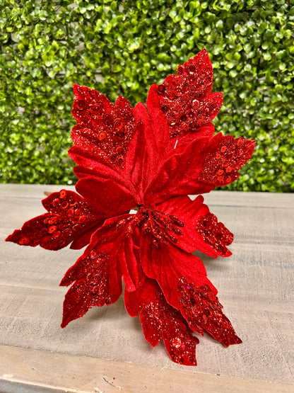 9 Inch Wavy Cut Velvet Poinsettia Leaf Stem