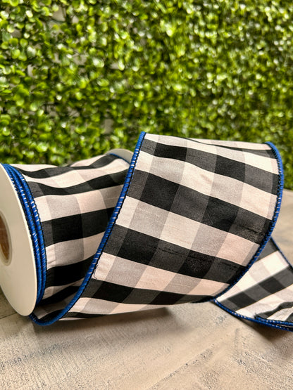 4 Inch By 10 Yards Black And Grey Grand Gingham Check With Royal Blue Edge Ribbon