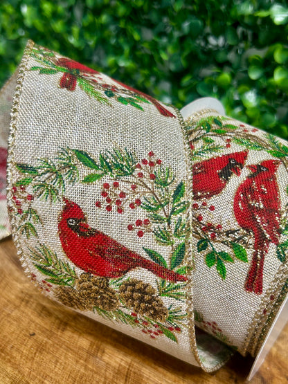 2.5 Inch By 10 Yard Cardinals In A Wreath Ribbon