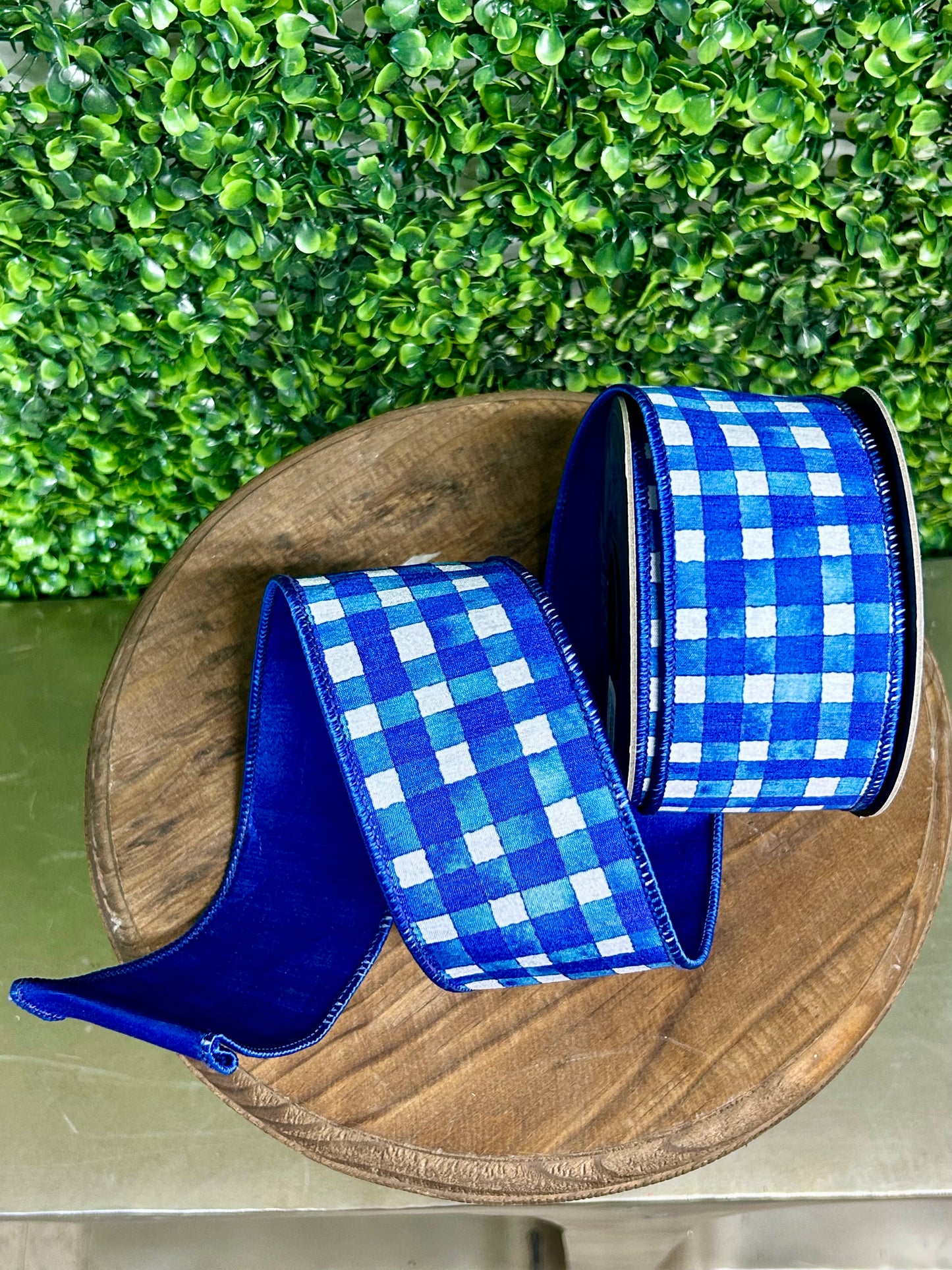2.5 Inch By 10 Yard Royal Blue Watercolor Check Deluxe Dupioni Backed Wired Edge Ribbon