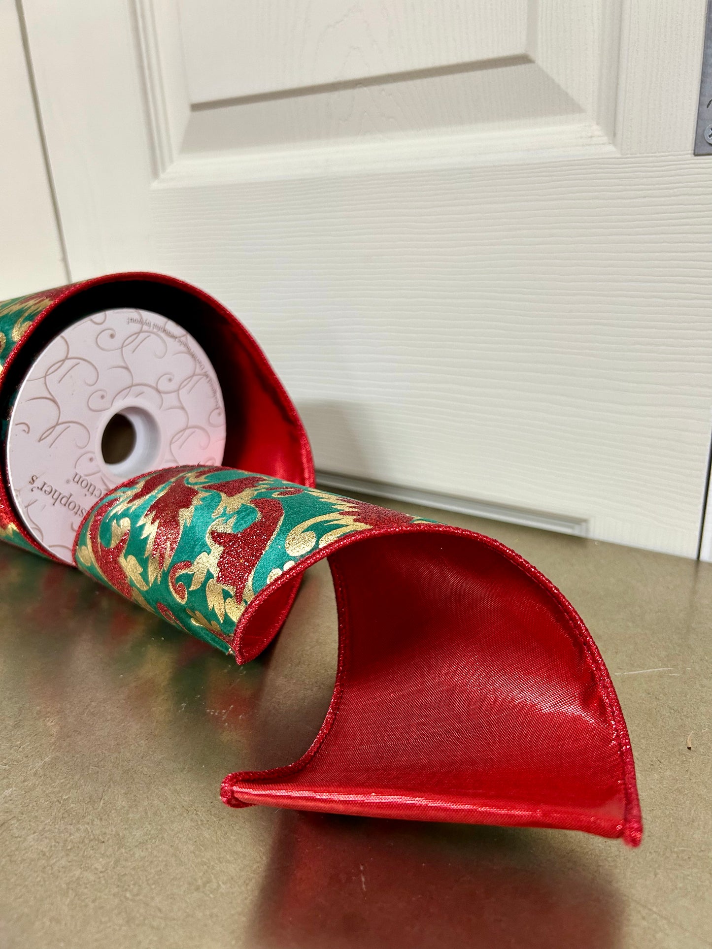 4 Inch By 10 Yard Gold Glitter Print Leaf Pattern On Dark Green Velvet Ribbon