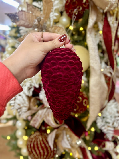 7 Inch Burgundy Velvet Flocked Pinecone Ornament
