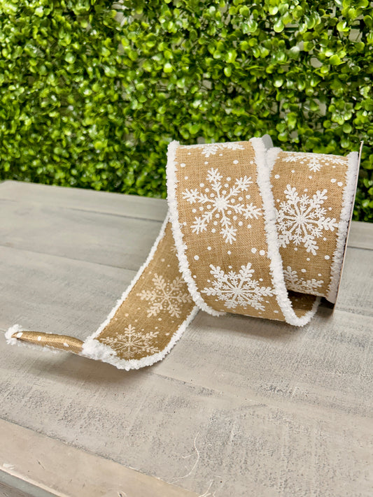 2.5 Inch By 10 Yard White Glittered Snowflakes On Light Beige Background With Snowdrift Edging Ribbon