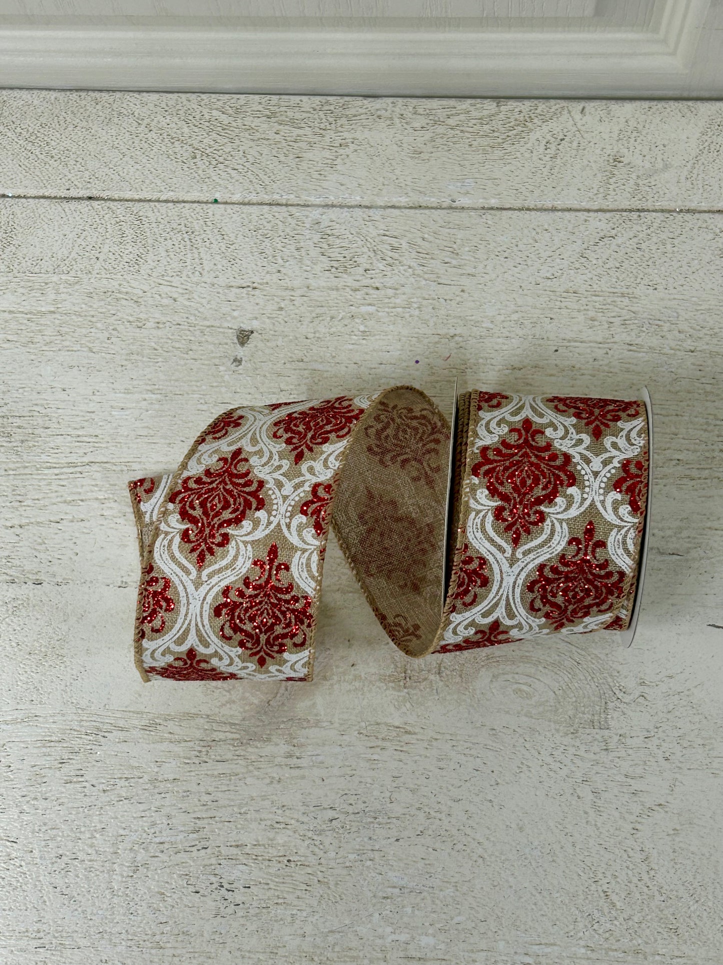 2.5 Inch By 10 Yard Red And White Glitter Demask With A Burlap Background Ribbon