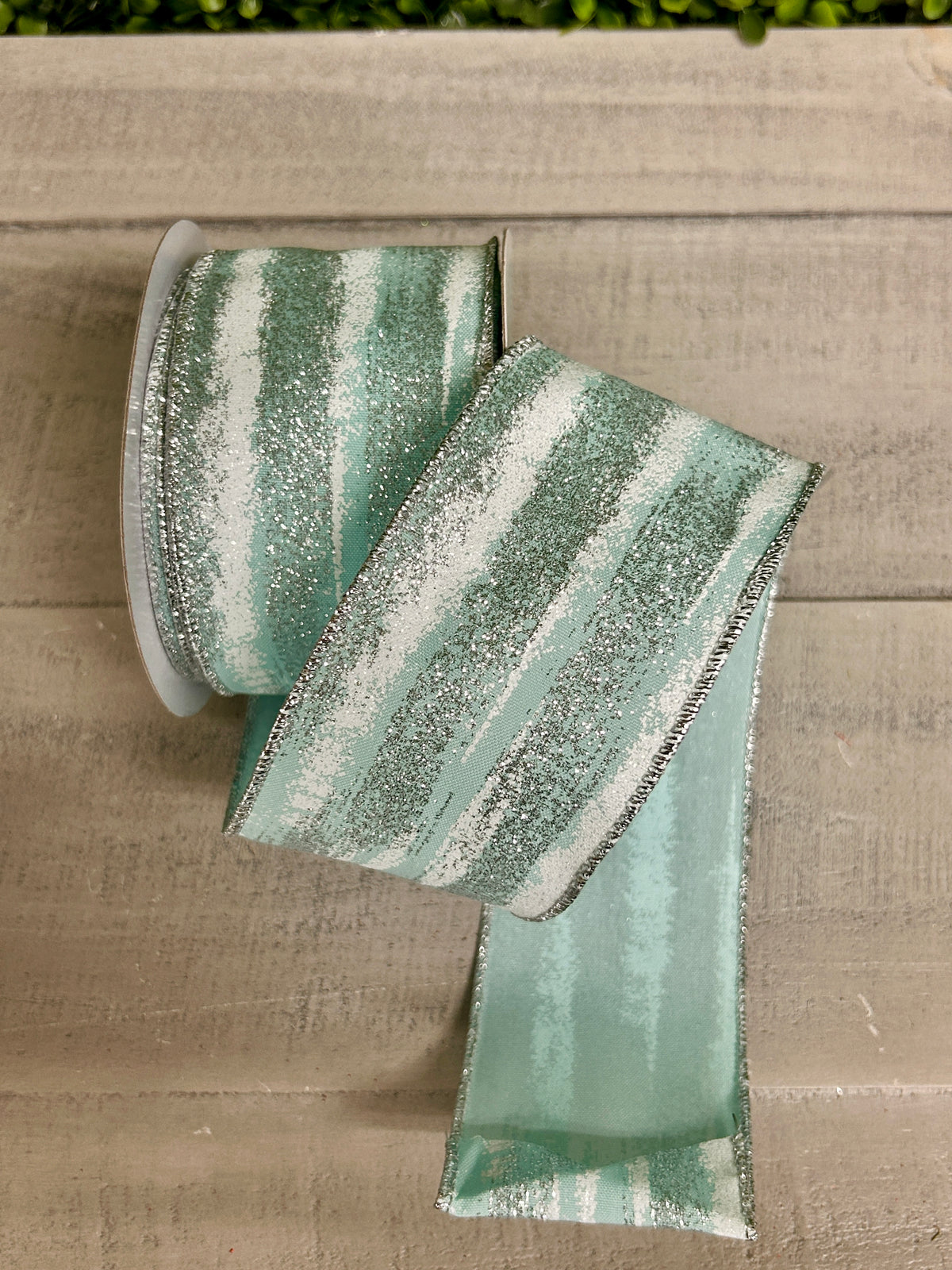 2.5 Inch By 10 Yards Soft Turquoise White And Silver Glitter Paint Strokes Ribbon