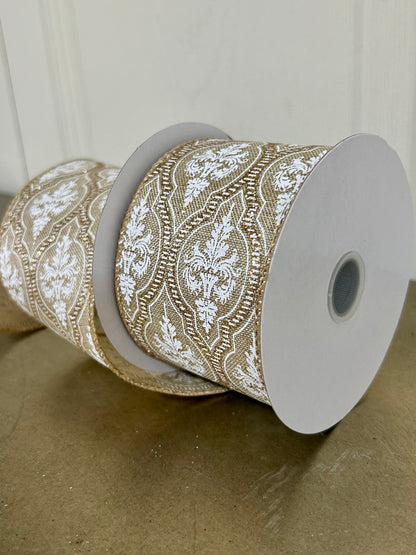 2.5 Inch By 10 Yard Natural Linen Demask Quatrefoil Ribbon