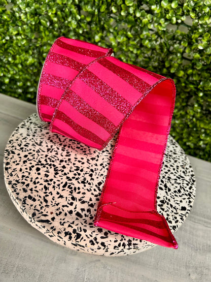 2.5 Inch By 10 Yard Hot Pink Horizontal Glitter Stripes Ribbon
