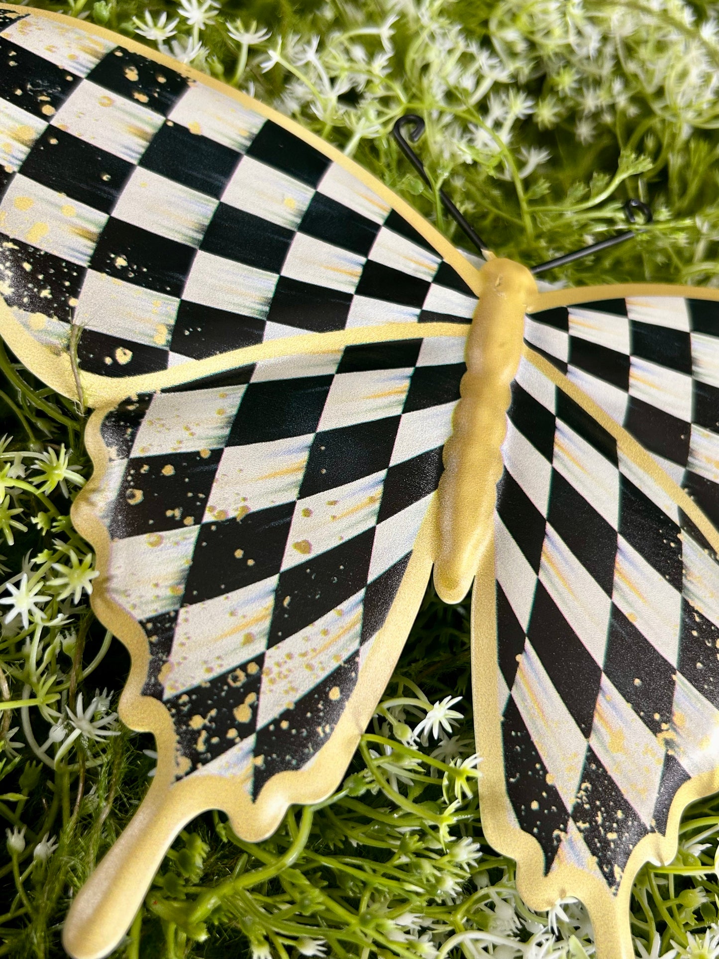 9.75 Inch Black White And Gold Antique Check Butterfly Sign