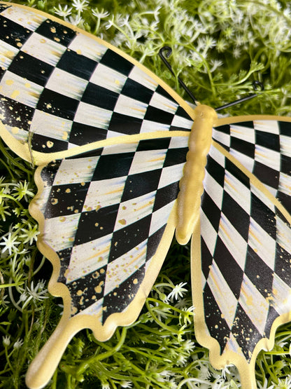 9.75 Inch Black White And Gold Antique Check Butterfly Sign