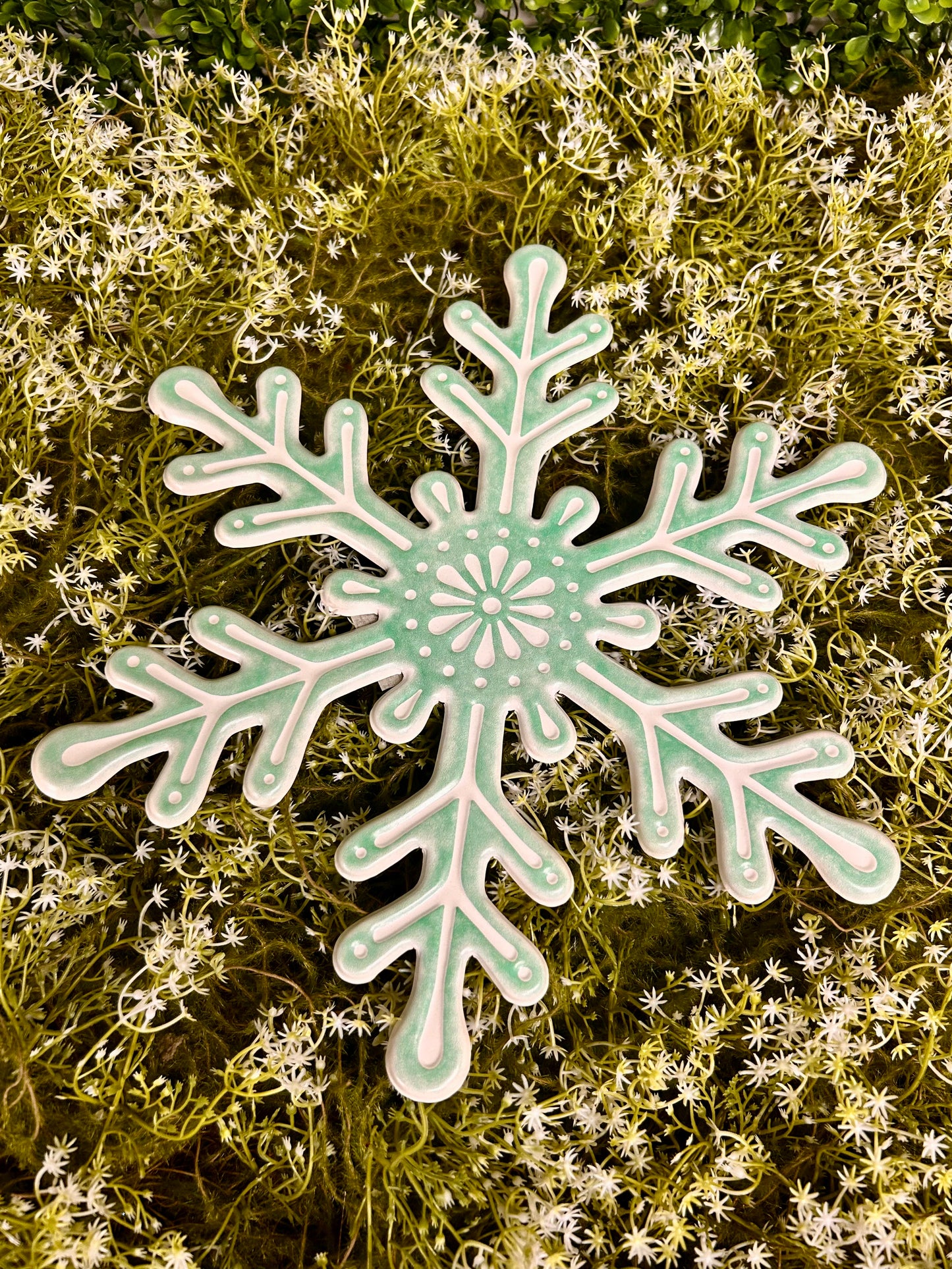 12 Inch Mint Green And White Metal Embossed Snowflake Sign