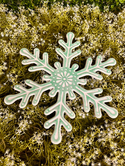 12 Inch Mint Green And White Metal Embossed Snowflake Sign