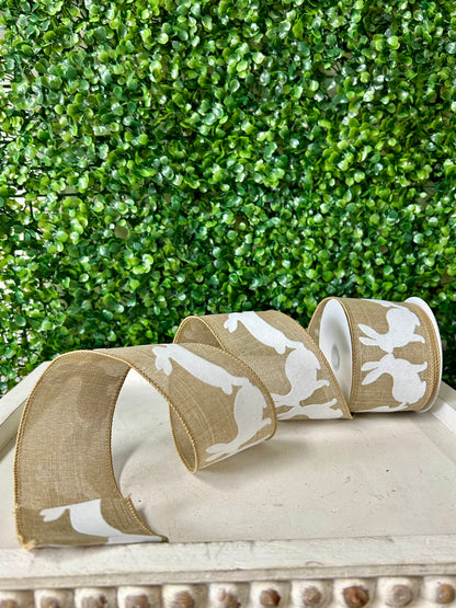 2.5 Inch By 10 Yard Natural Linen With Flocked White Bunnies Ribbon