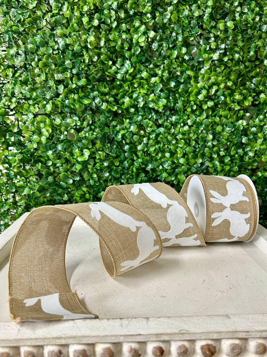 2.5 Inch By 10 Yard Natural Linen With Flocked White Bunnies Ribbon
