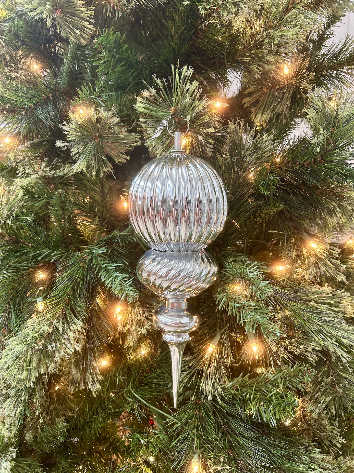 14 Inch Shiny Silver Vertical Stripe Ball Finial Ornament