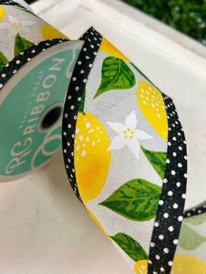 2.5 Inch By 10 Yard White Yellow And Black Lemons And Swiss Dots