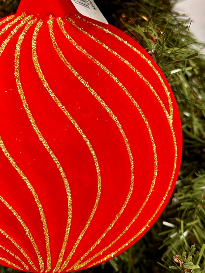 6 Inch Red And Gold Flocked Glitter Flat Ornament