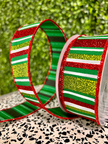 1.5 Inch By 10 Yard Emerald Red And Lime Horizontal Stripe Ribbon